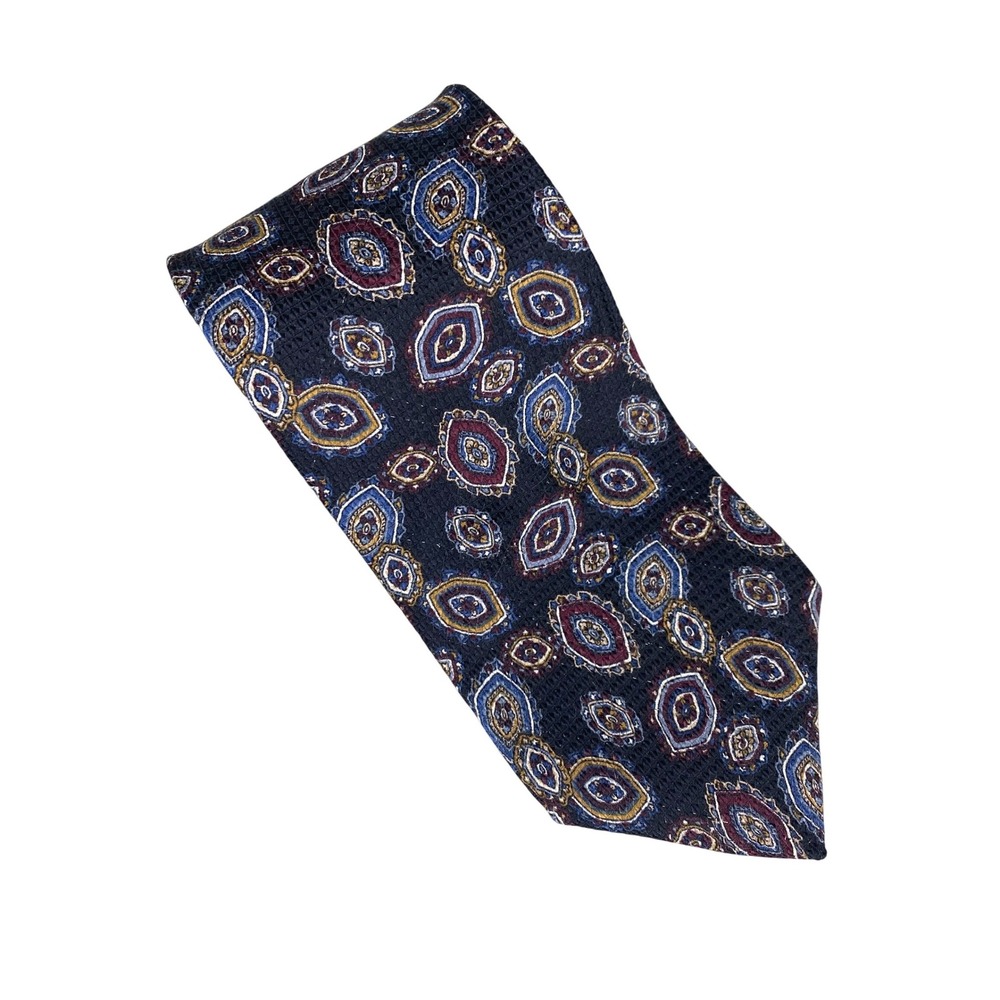 MBP Mens Tie Navy Blue Burgundy Silk Geometric Medallion Italian USA 57X4